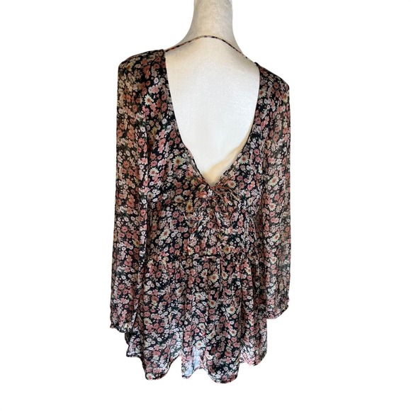 BARDOT SPRING Floral Print Long Sleeve Deep V Neck Mini Dress Women's XL - Picture 2 of 5